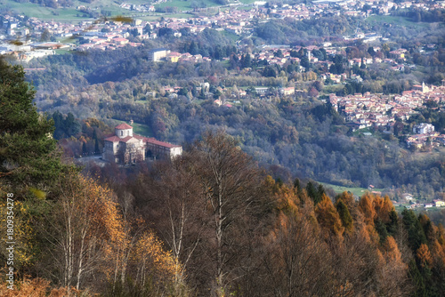 Vista dall'alto del Santuario di Graglia, località religiosa e turistica della Valle Elvo nel Biellese,Italia
