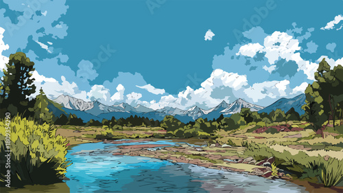 Serene Landscape Painting with River and Majestic Mountains