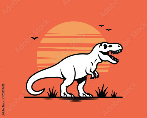 Tyrannosaurus rex cartoon illustration roaring in a vibrant prehistoric landscape with a warm sunset and flying birds
