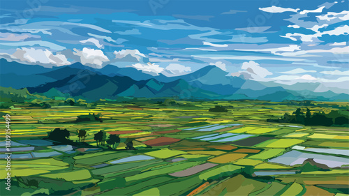 Serene Landscape Painting of Rice Fields and Mountains