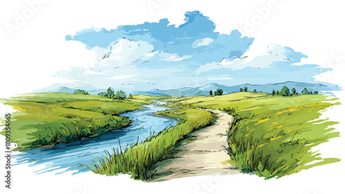 Scenic Path in Field with River Painting for Adobe Stock Photos