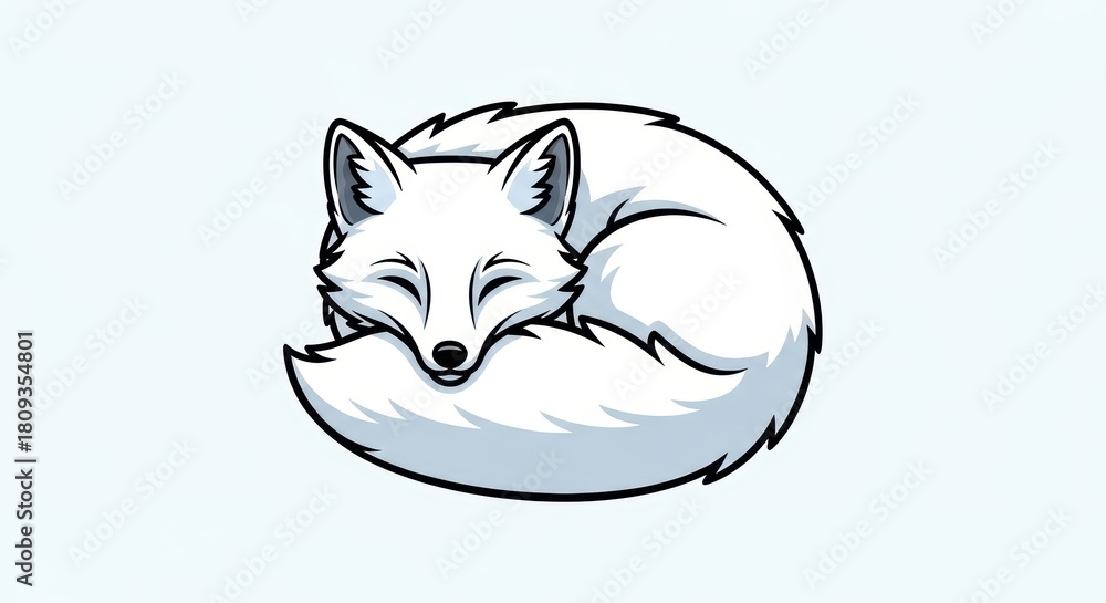 Fototapeta premium Cute arctic fox illustration sleeping in a curl with fluffy white fur