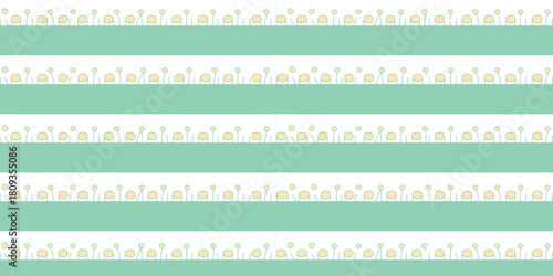 A striped background with mint green bands and rows of small yellow floral patterns in between each band
