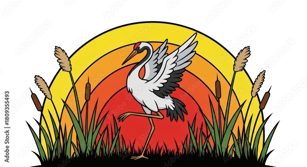 Naklejka premium Elegant crane with geometric sunburst and reeds illustration