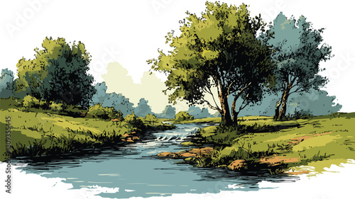 River Painting with Trees Vector Outline