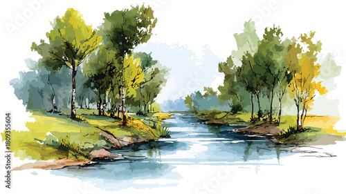 Serene River Landscape with Trees - Watercolor Painting