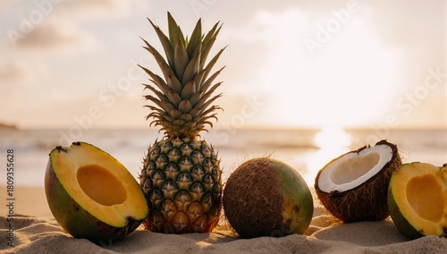 Fototapeta Naklejka Na Ścianę i Meble -  Tropical fruits on a sandy beach at sunset featuring pineapple mango and coconut