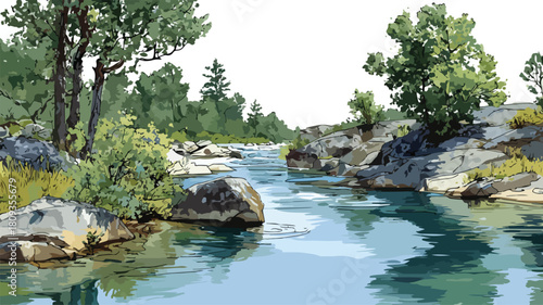 Scenic River Landscape Painting with Trees and Rocks Vector Illustration