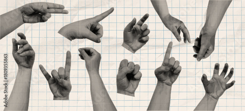 Halftone collage featuring a set of human hands in various holding gestures. Retro vector illustration suitable for design templates and creative posters. Cut-out paper clipping shapes. 