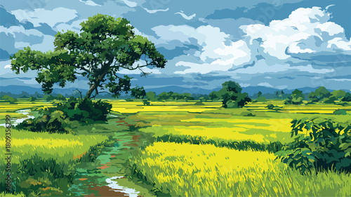 Serene Painting of Rice Fields with Tree in Background
