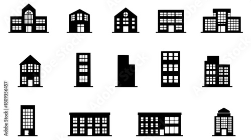 Nine distinct modernist architectural symbol icons, each representing a unique building form, are presented in a tidy grid layout, featuring solid black silhouettes with intricate white window pattern