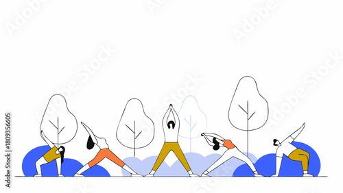 Group of people doing yoga poses in a park with trees and blue circles in a minimalist style illustration
