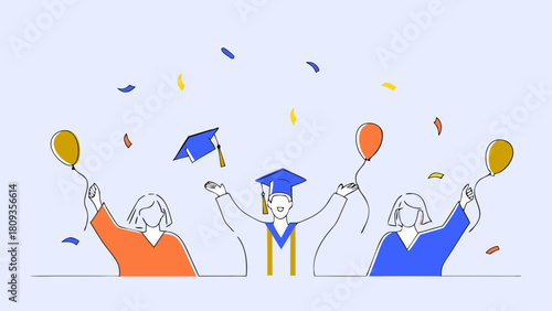 Illustration of graduates celebrating with balloons and confetti on a light blue background
