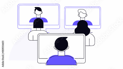 Three people attending a virtual meeting on computer screens with simple line art style illustration
