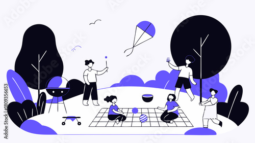 People enjoying a picnic with a kite, barbecue, and skateboard in a park setting with trees and birds