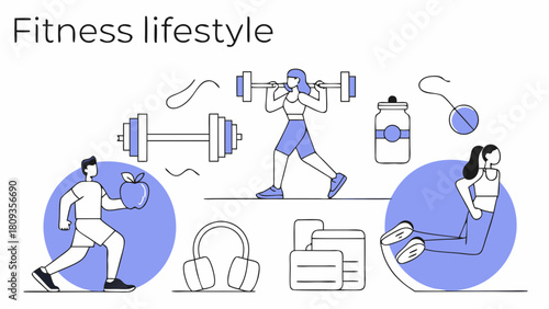 Illustration showing people exercising with weights and eating healthy food for a fitness lifestyle theme