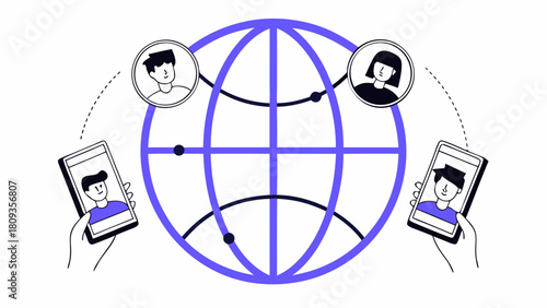 Global communication with people connected through mobile phones and social media profiles shown