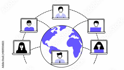 Global communication network showing people connecting via laptops around the world illustration