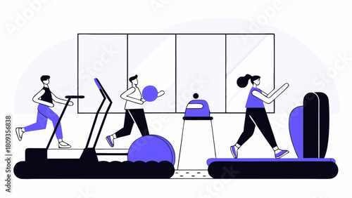 People exercising in a gym with treadmills, exercise ball, and a water cooler near a window