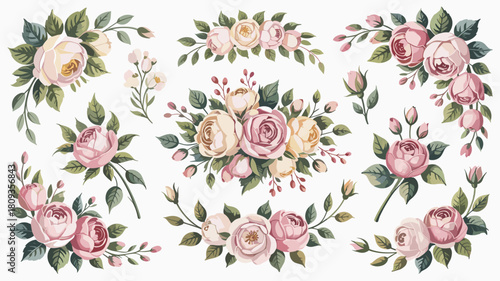 Beautiful floral arrangement of pink and white roses for wedding invitation and greeting card designs