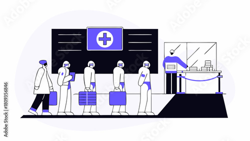 People in line at a hospital or clinic waiting for service with a medical cross sign displayed above