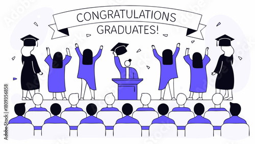 Illustration of graduates celebrating with a speaker at a podium in front of an audience of people