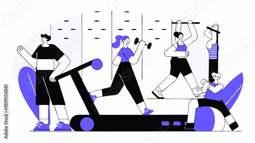 People exercising in a gym with treadmill, weights, pull up bar and exercise ball in black and blue colors