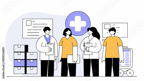 Illustration of medical staff with clipboards and boxes in a hospital setting with plus sign