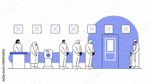 People wearing protective suits waiting in line near a door with crosses above them in an illustration