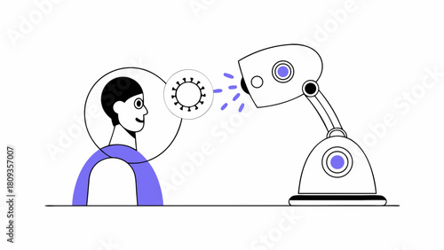 Illustration of a man in a bubble being scanned by a robot for a virus or disease check up process