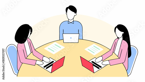 Illustration of three people sitting around a table with laptops and documents in a business meeting setting