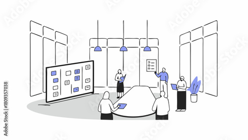 A group of people in a meeting room discussing ideas on a board and working on a business strategy