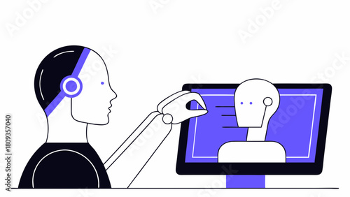 Robot interacting with another robot displayed on a computer screen in a minimalist style design