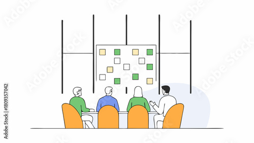 Four people at a table in front of a board with colored squares in a meeting room setting view from back