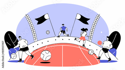 Illustration of people playing sports on a track field with flags and stadium seating in the background