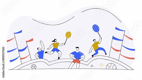 Illustration of people playing badminton with rackets and shuttlecocks in an outdoor setting with flags