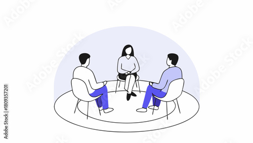 Illustration of three people sitting in a circle during a group therapy session or counseling scene