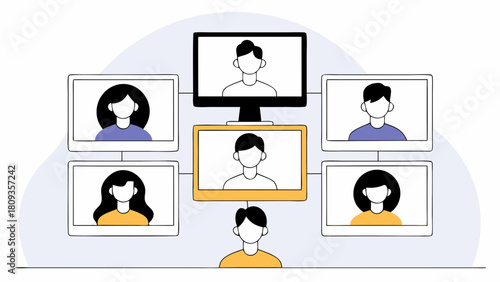 Illustration of a video conference call with six participants on computer screens connected together