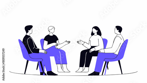 Illustration of four people sitting in a circle on chairs and having a conversation together