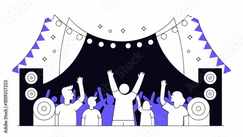 Illustration of a concert scene with a crowd of people cheering in front of a stage with speakers