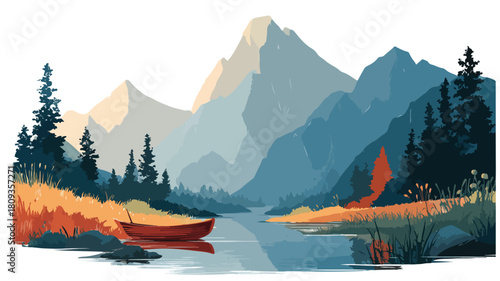 Serene River Landscape with Boat and Majestic Mountains in Background