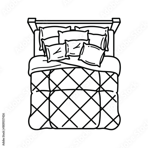 Overhead line drawing of a bed with pillows and a comforter isolated on simple and clean design