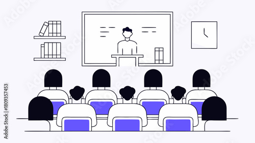 Illustration of a classroom scene with students and a teacher at the front of the room giving a lecture