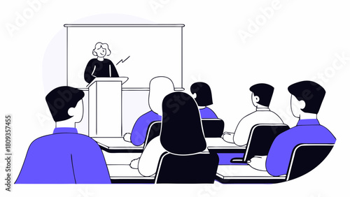 Illustration of a classroom setting with a teacher giving a lecture to a group of students in attendance