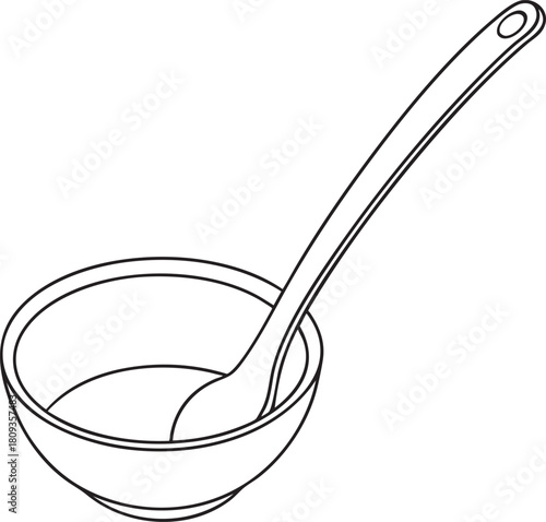 Kitchen ladle and bowl line illustration depicting classic serving tools essential for soups sauces and warm meals