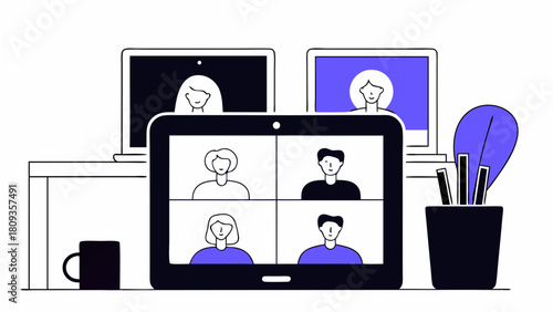 Online meeting with four participants displayed on a tablet with laptops in the background scene