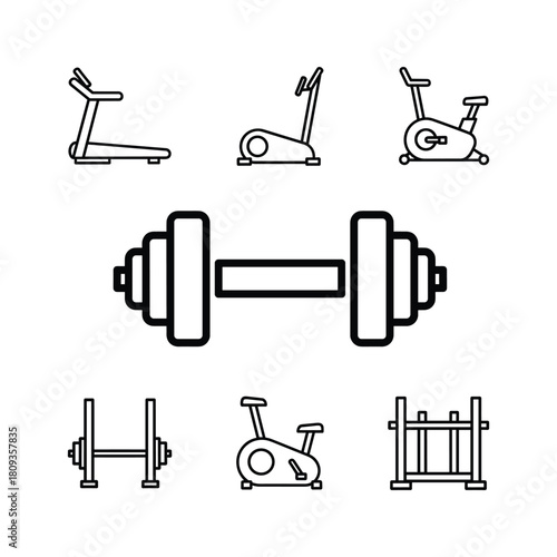 Line art icons of gym equipment treadmill, exercise bikes, and dumbbell, isolated on