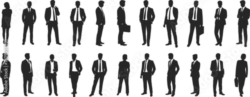 Set of business executive silhouettes, black vector image of professional men and women in suits standing and posing for corporate team, isolated on white background.