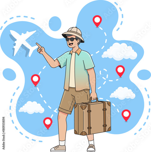 tourist with suitcase traveling summer holiday journey travel vacation tour concept Isolated flat vector template design
