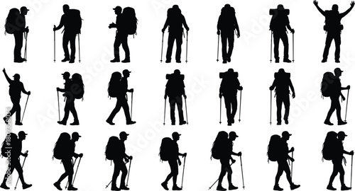 Collection of hiker silhouettes with large backpacks and trekking poles, black vector image of tourists walking, standing, and celebrating success on white background.